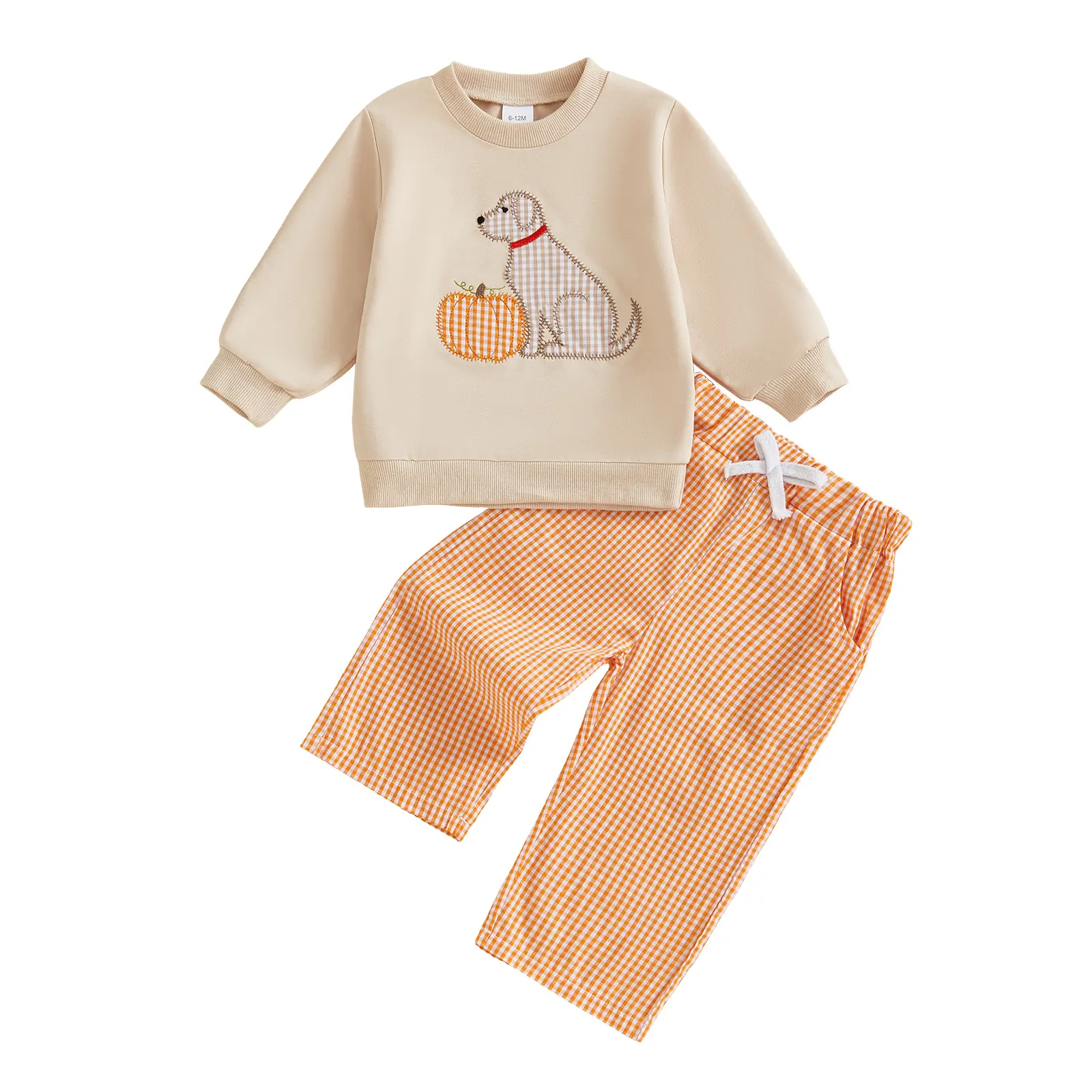 TheFound Toddler Baby Boy Halloween Pumpkin Smocked Outfit Long Sleeve Embroidery Sweatshirt Gingham Pants Two Piece Clothes