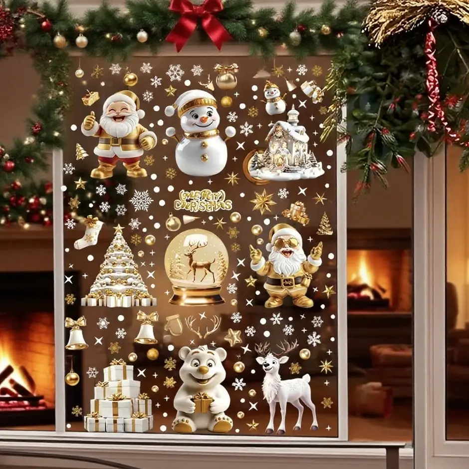 Christmas Snowman Refrigerator Magnets Set, Santa Window Stickers, Holiday Decorations for Home Party Restaurant Decoration