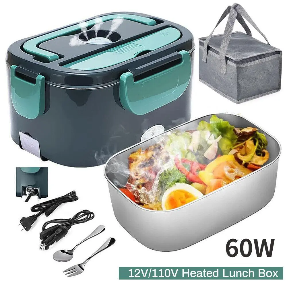 Stainless Steel Modern Self-Heating Thermal Lunch Box - 1.5L 2-in-1 60W Lunch Container, Portable Hot Food Container for Adults with 110V/12V/24V Car-Truck Power Cord, Home/Work Use, New Year Gift