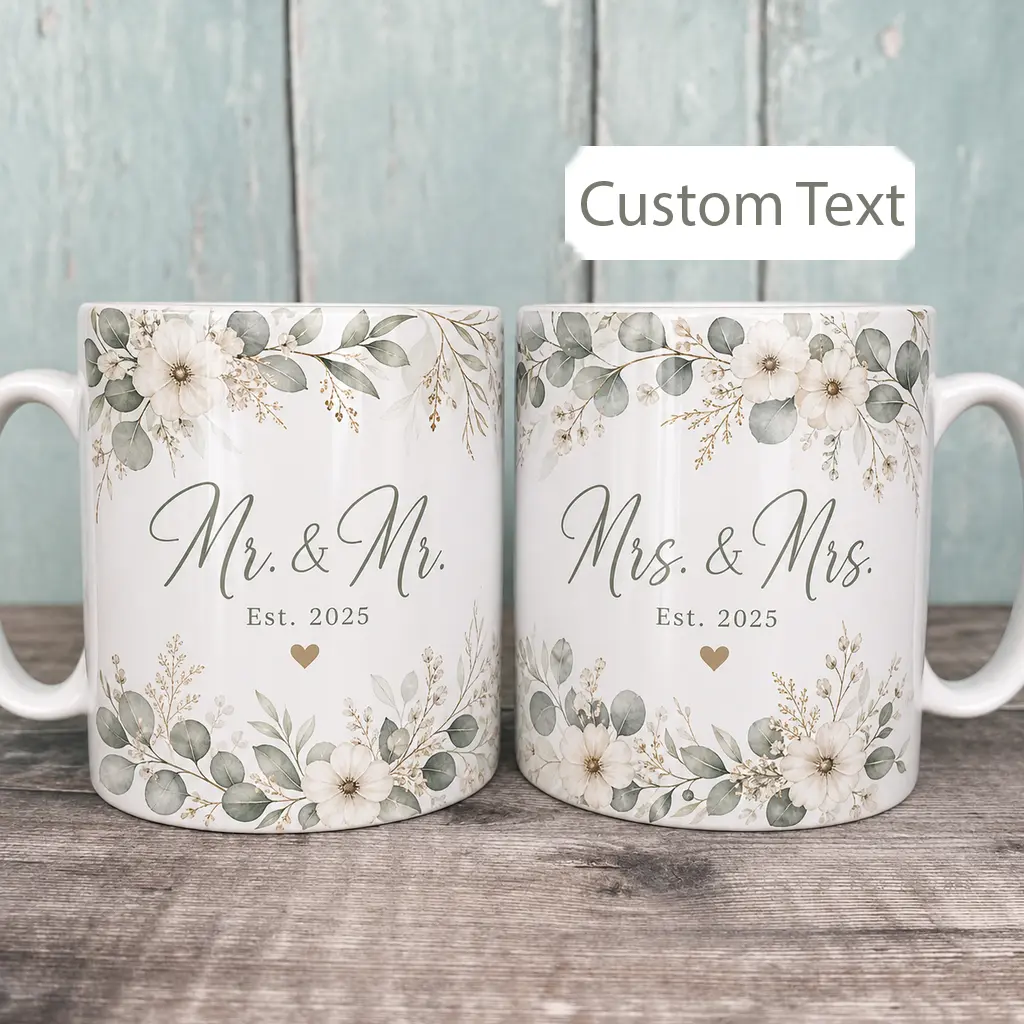 Personalized Wedding Mug Set, Custom Ceramic Coffee Cups, 2D Printed 3D Effect Floral Greenery Couple Design, For Mr & Mr Mrs & Mrs Newlyweds, Wedding Anniversary Bridal Shower Gift, Romantic Keepsake