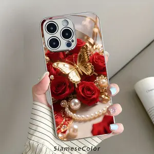 Kingdee Red Rose Jewelry Pattern Glass phone case for iPhone16 Pro Max/15/14 PLUS/13/12/11, anti-slip, lightweight, fashionable design, unisex, phone case