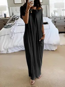 Women's Comfortable Loose-Fit Short Sleeve Nightgown, Casual Home Wear for All Seasons, Soft Round Neck Sleepwear with Batwing Sleeves