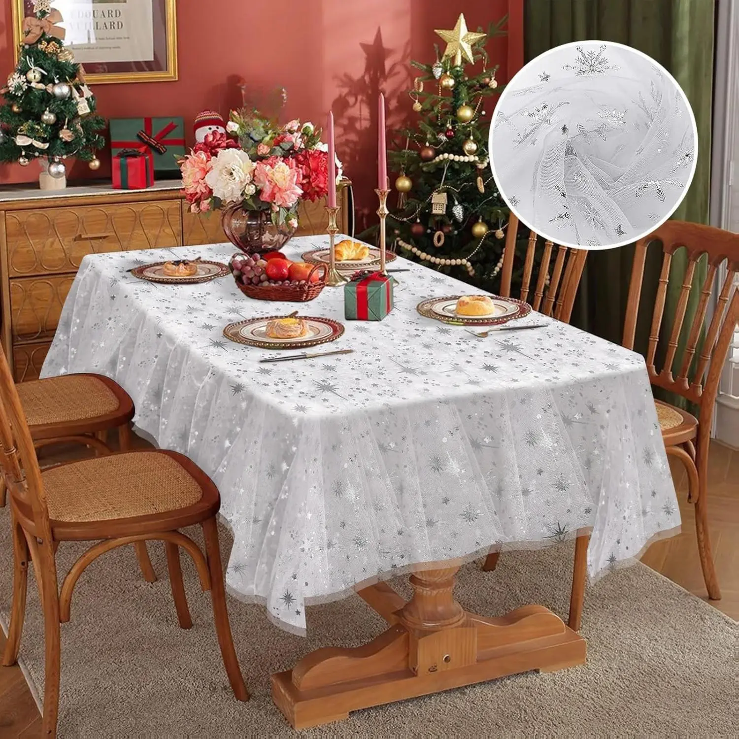 60x120 in Sheer Silver Snowflakes Organza Tablecloth - Overlay Table Cover for Winter Wonderland, Frozen Birthday Party, Holiday Kitchen Linens Decor