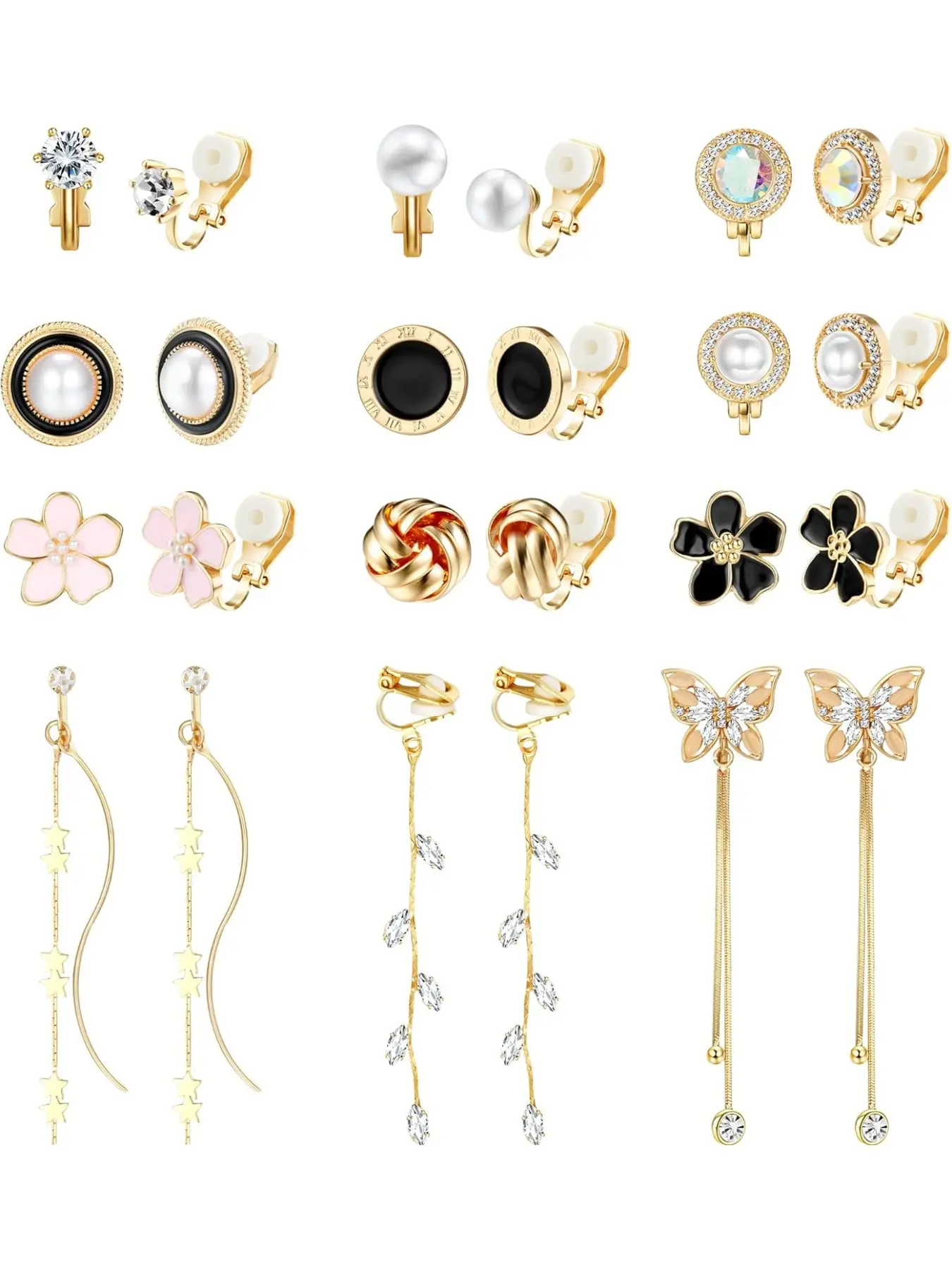 12 Pairs Clip On Earrings For Women, Silver Clip On Earrings, Hypoallergenic Earrings, Non-Pierced Earrings, Crystal Round Star Cz Pearl Flower Butterfly Silver Earrings Set, Stud Earrings, Stud Earring Sets