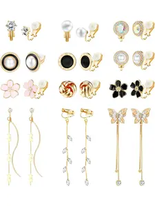 12 Pairs Clip On Earrings For Women, Silver Clip On Earrings, Hypoallergenic Earrings, Non-Pierced Earrings, Crystal Round Star Cz Cute Pearl Flower Butterfly Silver Earrings Set, Stud Earrings Jewelry