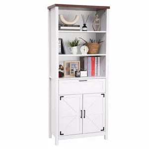 Bookshelf Bookcase with Doors, 6-Tire Farmhouse Storage Cabinet Floor Standing Bookshelves with w/ 1 Drawer and Adjustable Shelves for Kitchen,Living Room, Bedroom White