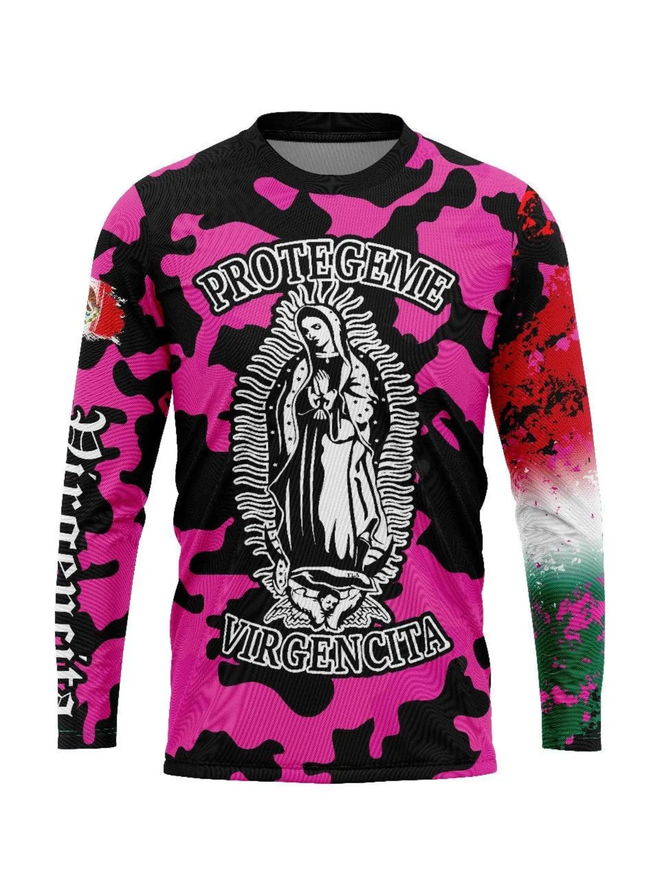 Saint Mother Off-Road Racing Shirt, Biker T Shirt, Mexican Flag Camo Long Sleeve Race Suit, Saint Mother Athletic Letter Print, Street Rider Faith Style, Athletic Sports Clothing, Athletic Tops, Athletic Fit