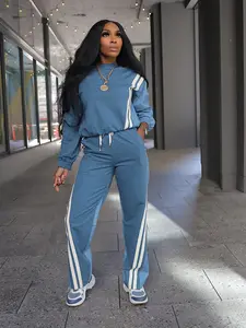 Women's Casual Sporty Two-Piece Set, Colorblock Faux Denim Striped Long Sleeve Hoodie & Drawstring Pants, Fashionable, Sweatsuit Matching Set