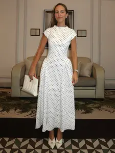 Boho Polka Dot Print A-Line Dress Elegant Party Summer Sleeveless Bodycon Dress, O-Neck New Fashion Casual Maxi Dress for Women,Graceful Women Long Dress For Holiday White Summer