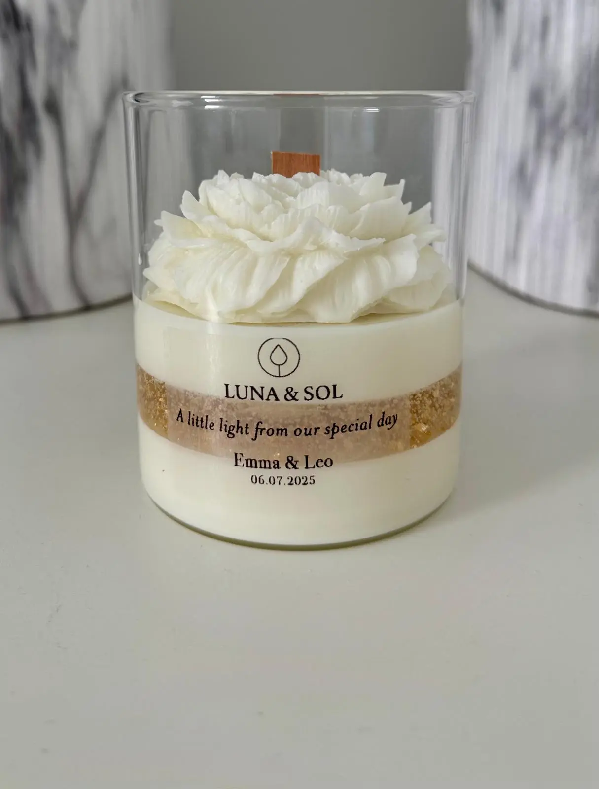Personalized Wedding Candle – Peony Flower Soy and Gel Wax – Custom Label Gift – Special Event Favor – Handmade by Luna & Sol and