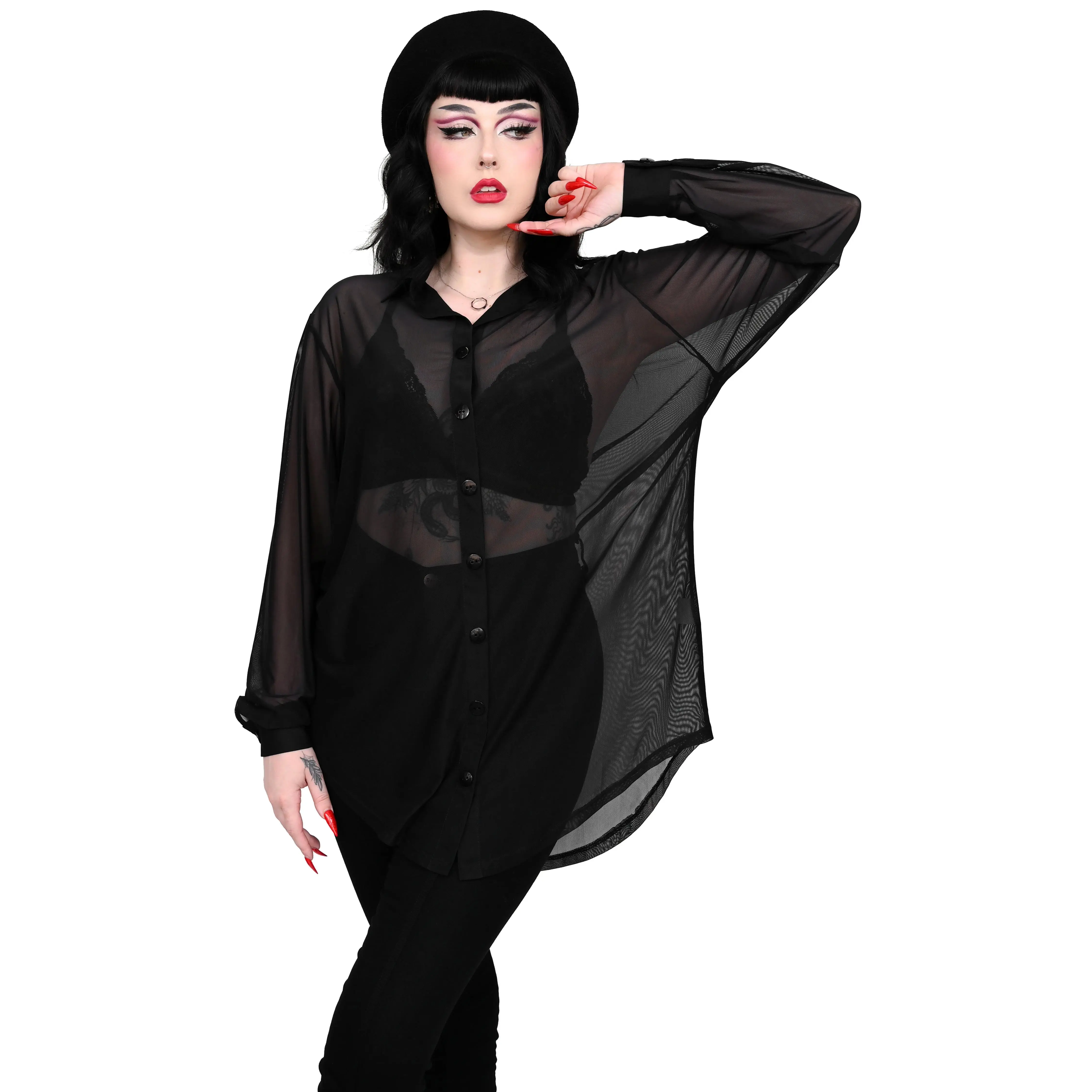 Sheer Mesh Cover Up, Oversized Memphis Style Collared Top for Lady, Summer Wear That Fits True to Size, Blouse, Button