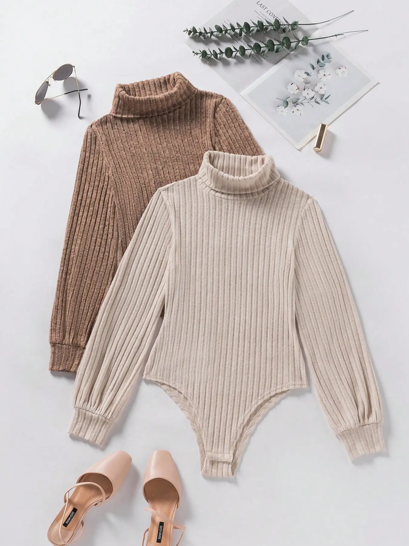 Women's High Neck Long Sleeve Thermal Graphic Knit Bodysuit Set, Autumn Winter Warm Underwear, Comfortable Stretchy Fabric, Casual Wear