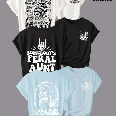 Women's Cartoon Skull & Letter Print Round Neck Tee, Casual Short Sleeve T-shirt for Daily Wear, Ladies Clothes for All Seasons