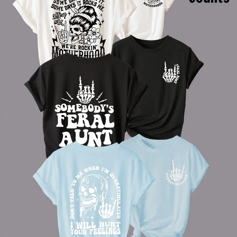 Women's Cartoon Skull & Letter Print Round Neck Tee, Casual Short Sleeve T-shirt for Daily Wear, Ladies Clothes for All Seasons