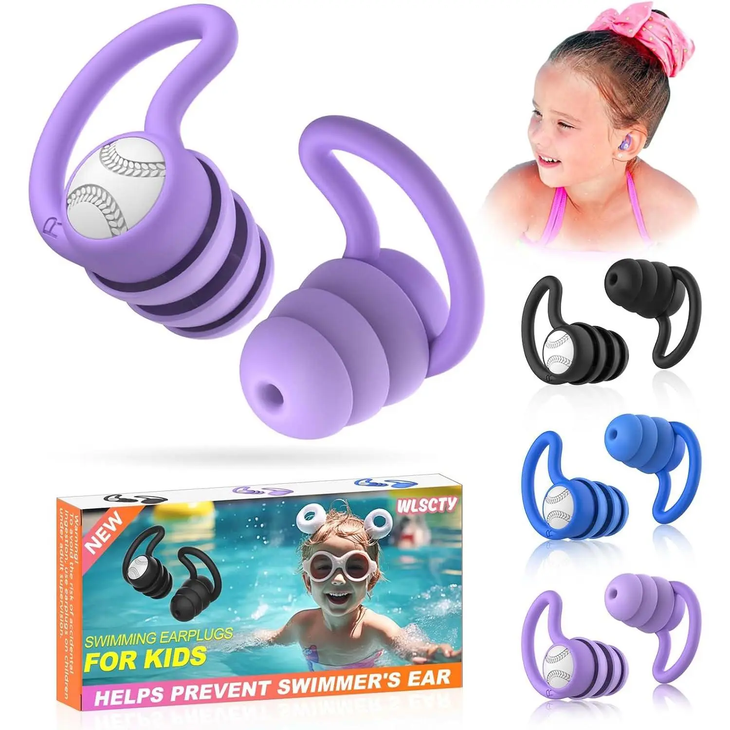 Swimming Ear Plugs Waterproof Earplugs - 3 Pairs Silicone Swim Ear Plugs for Kids, Water Sports Earplugs for Showering, Bathing, Surfing - Keep Ear Water Out (Kids- Black, Pruple, Blue)