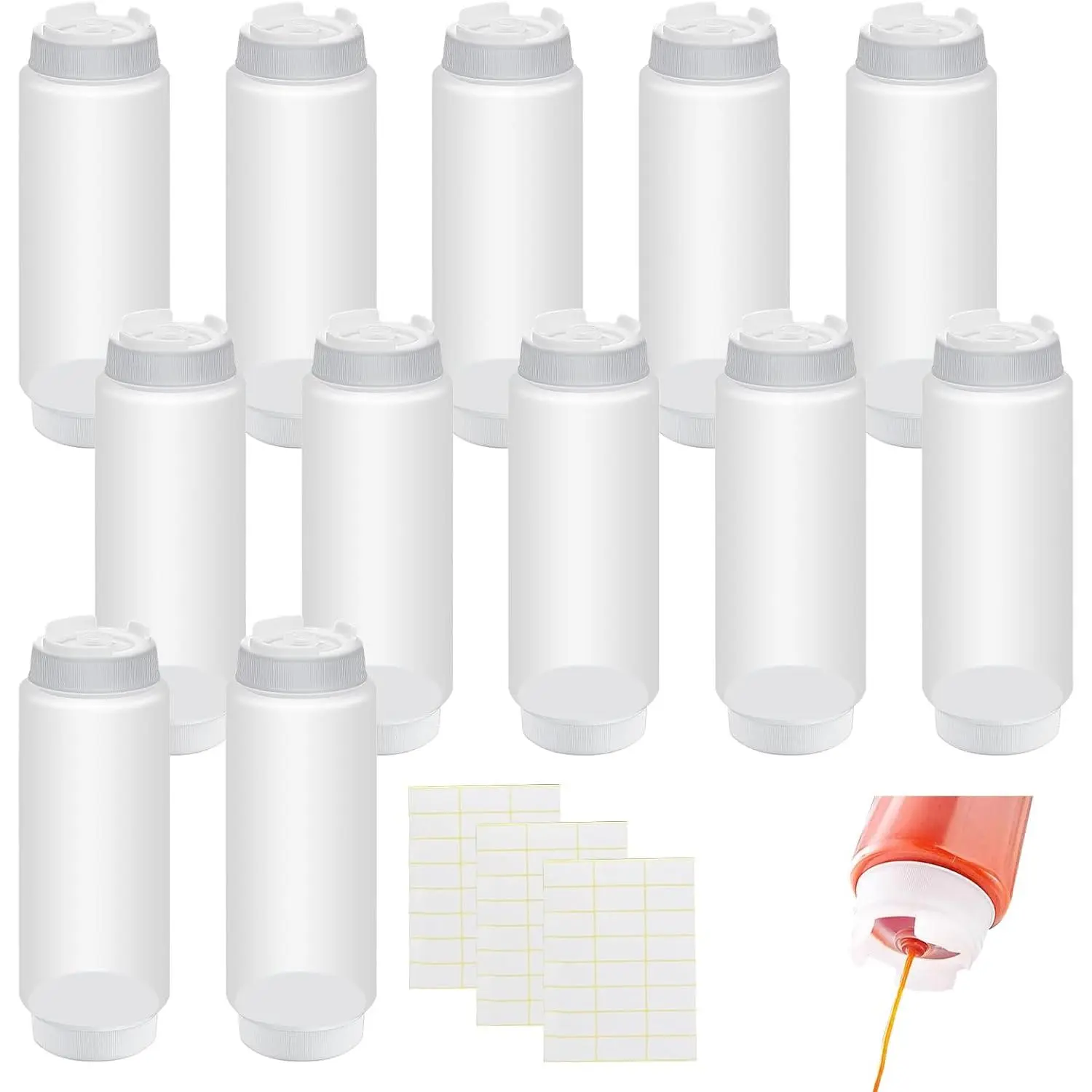 12 Pcs 32 oz Condiment Squeeze Bottles with Labels,Inverted Clear Refillable Bottles Plastic Sauce Dispenser for Restaurant Kitchen Ketchup, Dressing, and Sauces