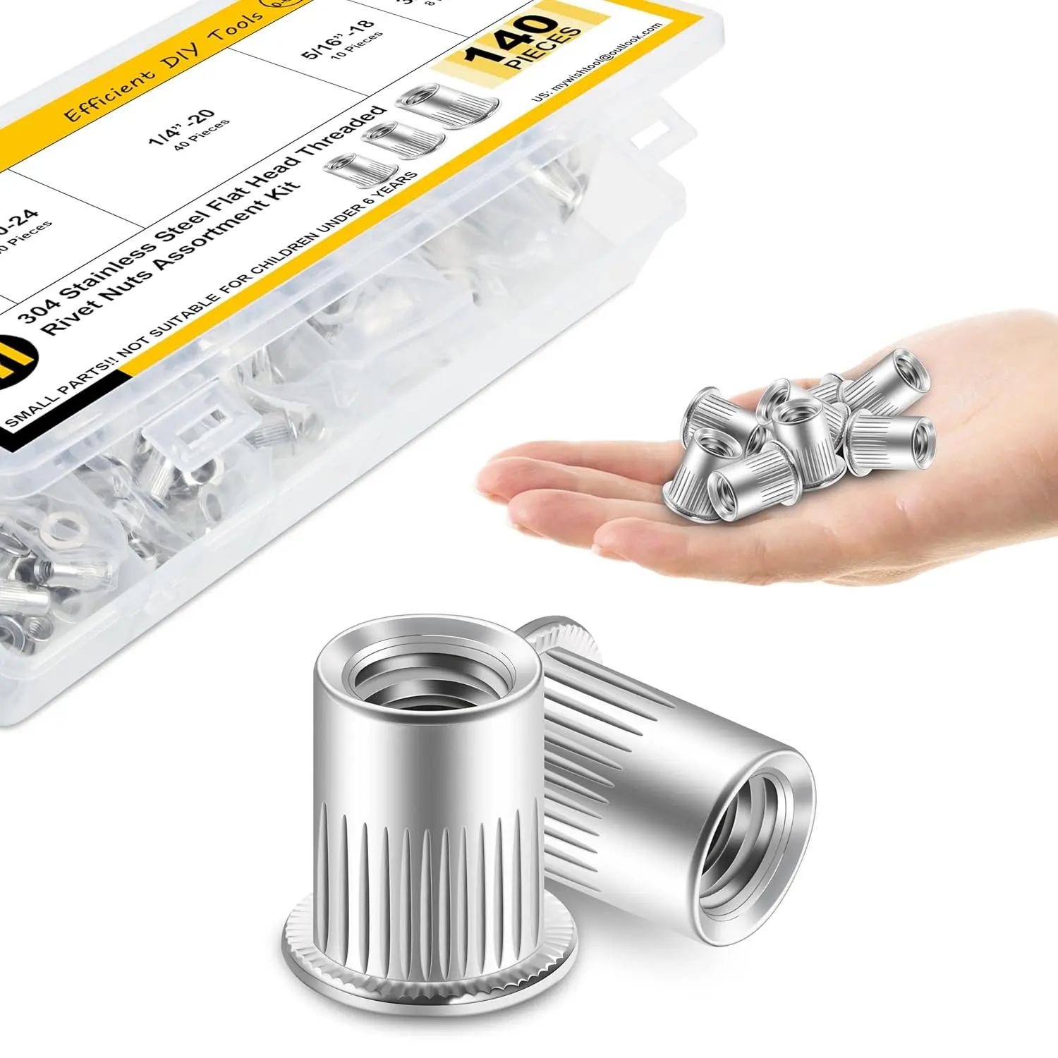 140 count Rivet Nut Rivet Nuts Assortment Kit, #8-32#10-24 1/4"-20 5/16"-18 3/8"-16, 304 Stainless Steel Hardware Nuts, Knurled  Rivnut Kit, Nutsert Threaded Inserts for  & Metal by
