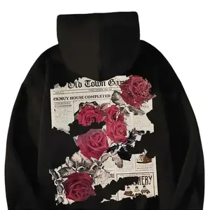 Fashionable high street hoodie with newspaper rose print pattern,  hoodie long-sleeved comfortable and breathable hoodie, suitable for both men and women, ideal for Halloween gifts.Casual Floral