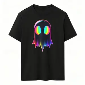 Men's And Women's  both wear T-shirts. Cotton round neck T-Shirt with Rainbow Ghost Design Comfortable breathable machine washable regular fit Halloween Pop Culture Neon Glow Effect white&black