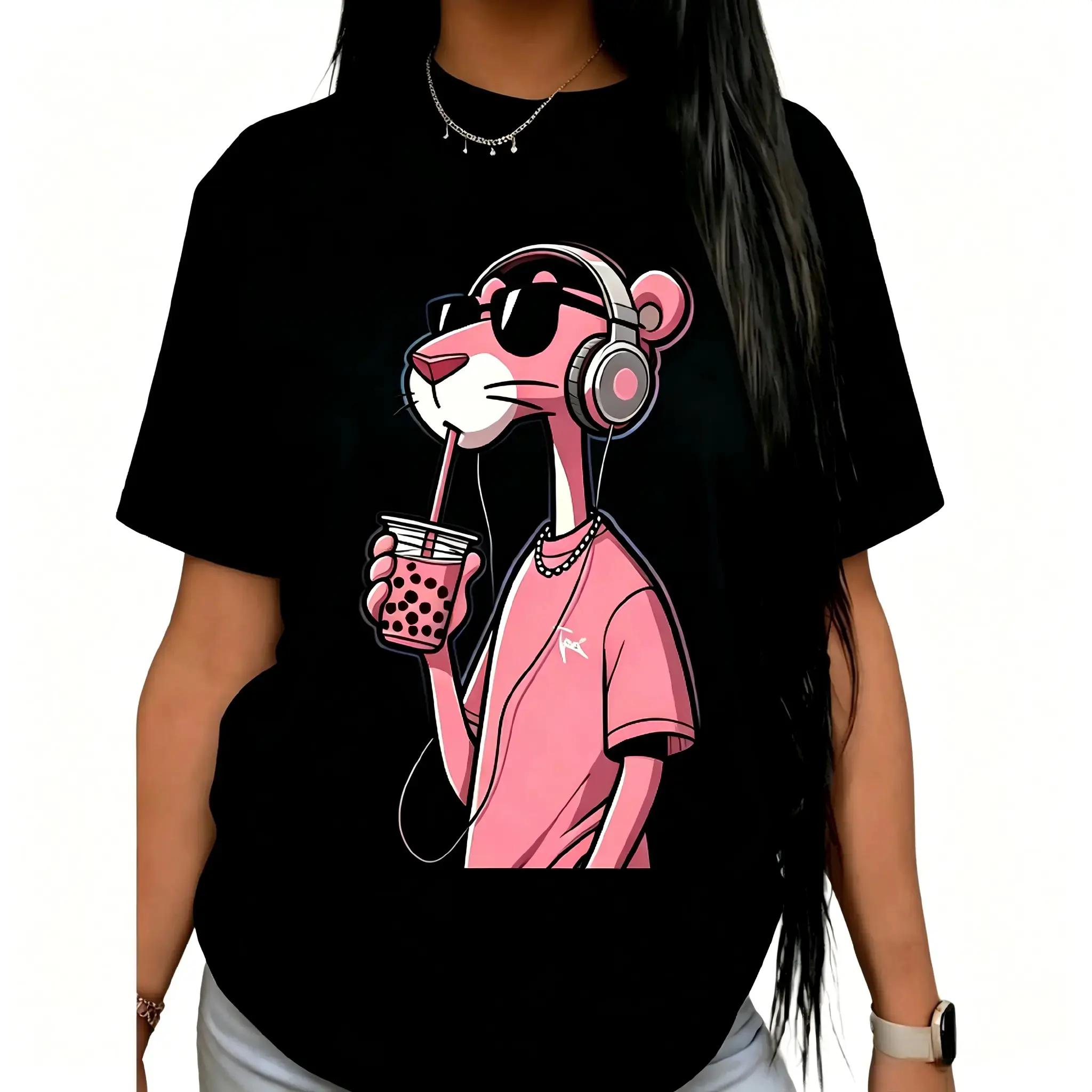 Men's Pink Panther Graphic Short-Sleeve Knitted Crew Neck Top - Sporty Chic, 4XL, All Seasons, Fashionable Casual Sports & Outdoor Apparel for Shopping, Soft Cotton, Check Size Guide, Machine Washable, 2Xl, Regular, Round Neck, Shirts