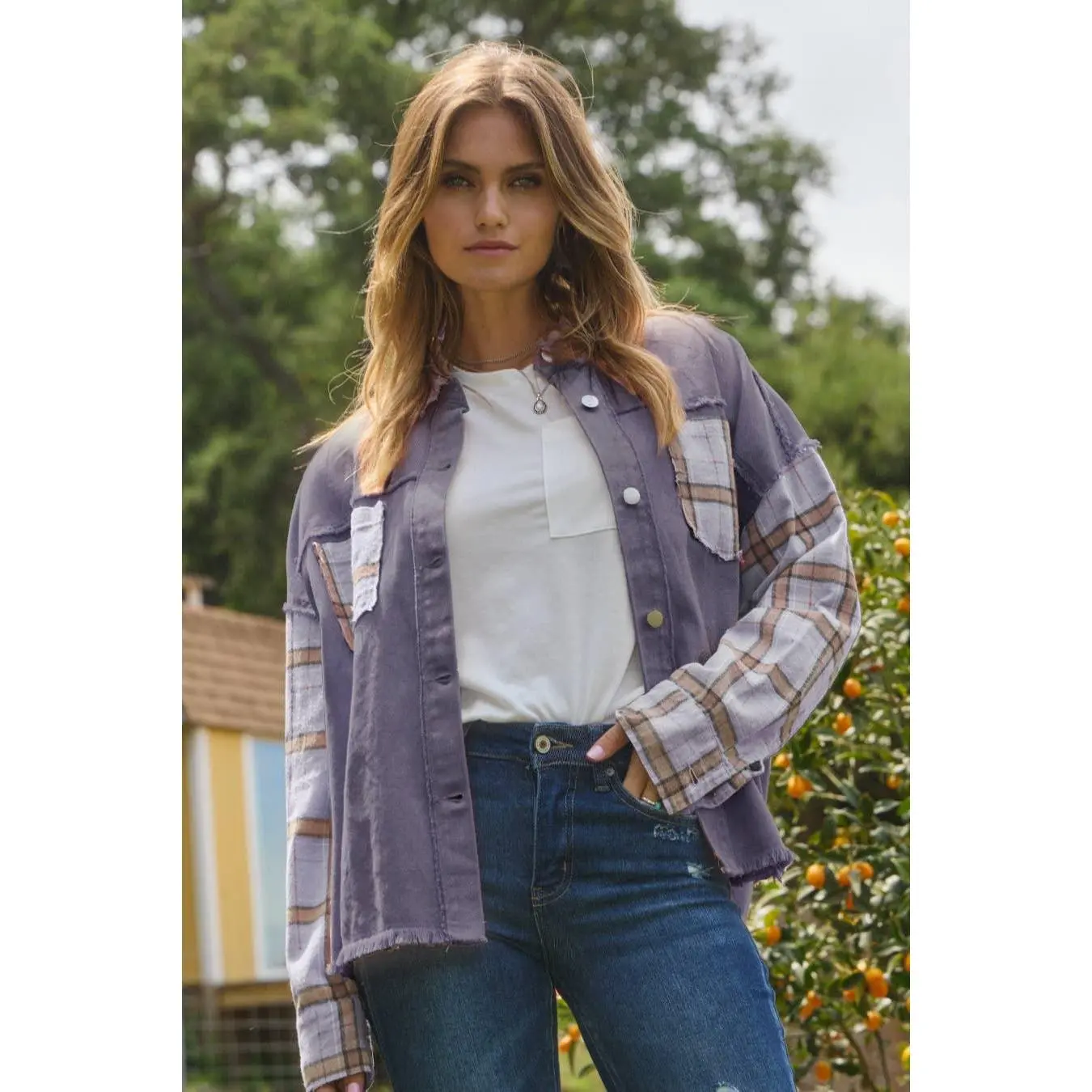 Women's Light Long Sleeve Acid Washed Denim Jacket - Lavender Tops, Durable Fabric, Functional Pocket