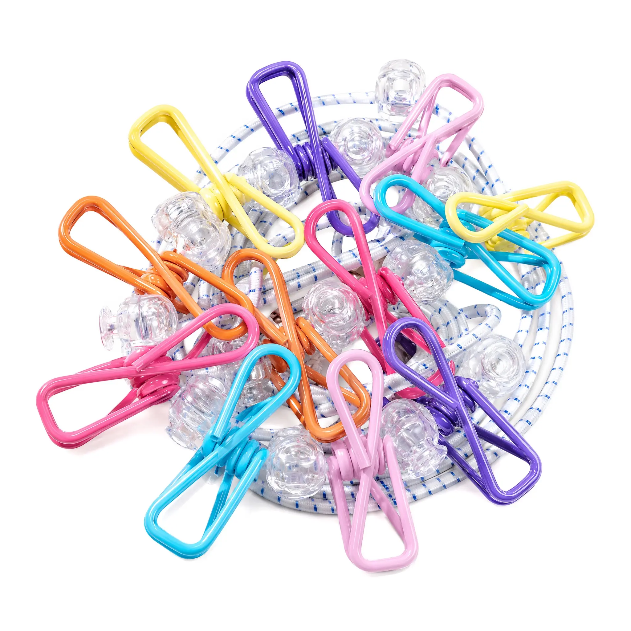 Multicolor Windproof Elastic Clothesline with 12 Metal Clothespins Portable Retractable Laundry Hanging Rope, Non-Slip Clear Fixed Buckle Drying Line for Travel Camping Outdoor Indoor Clothes Socks Towels Drying Use