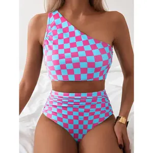 Swim Women Checkerboard Print One Shoulder Bikini Swimsuit Set (Random Print)
