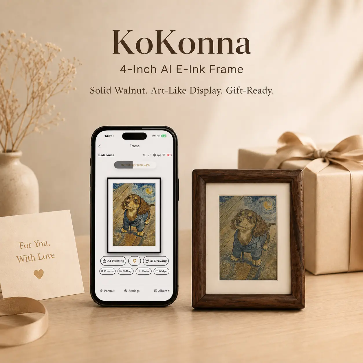 【kokonna】4" E-Ink Photo Frame | AI Art Creaation & Remote App Upload | Solid Walnut Wood | 5-mouth Battery Life | Zero Glare Smart Digital Desk Decor bedroom and workroom decor
