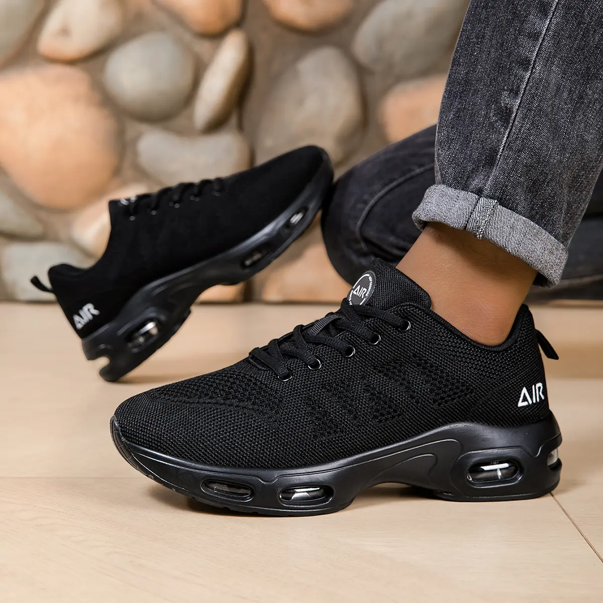 Men’s Air Cushion Running Sneakers, Breathable Mesh Knit Athletic Training Shoes, Shock Absorbing Non Slip Walking Footwear, Lightweight All Black Casual Gym Trainers for Running Workout Outdoor & Daily Wear