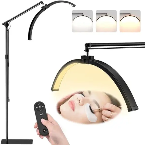 WELALO Half Moon Floor Lamp - 3-Color Foldable Dimmable Cool Plastic Light with 308 LED Beads, 360° Rotation, Shadowless Design, Wireless Remote, Bulb Included, Ideal for Eyelash Techs’ Beauty Needs (Also Fits as Table Lamp)