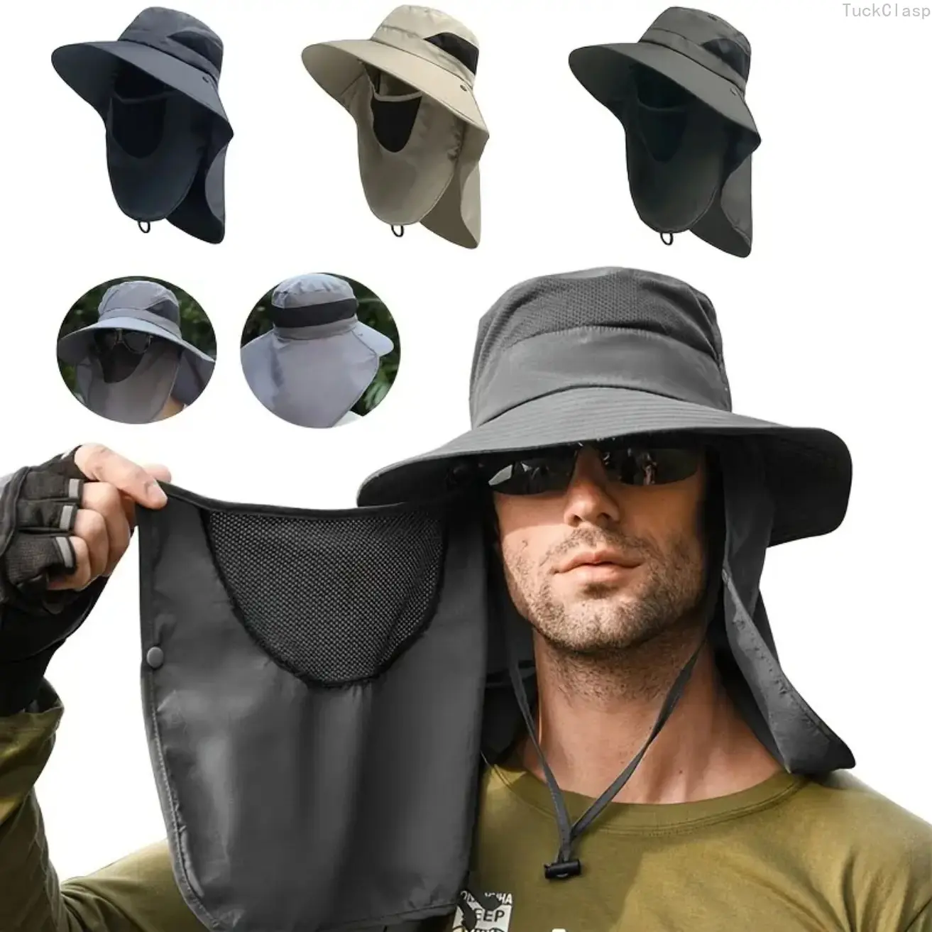 2-Pack Outdoor Sun Hats for Men & Women, Wide Brim UPF Protection Fishing Hats with Neck Flap & Detachable Face Cover, Quick-Dry Breathable Mesh, Adjustable Safari Caps for Hiking, Camping & Summer Travel