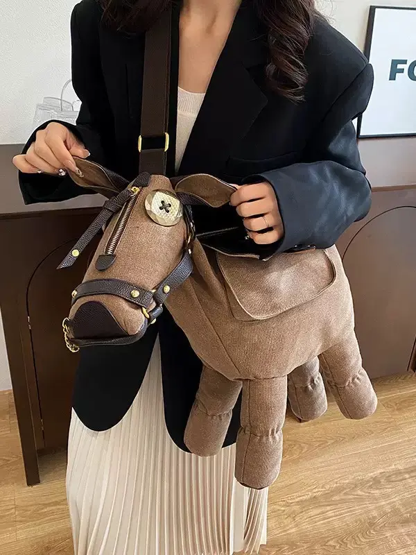 Cute Canvas Horse-Shaped Crossbody Bag | Novelty Horse Purse with Large Body Pocket | Brown & Dark Gray