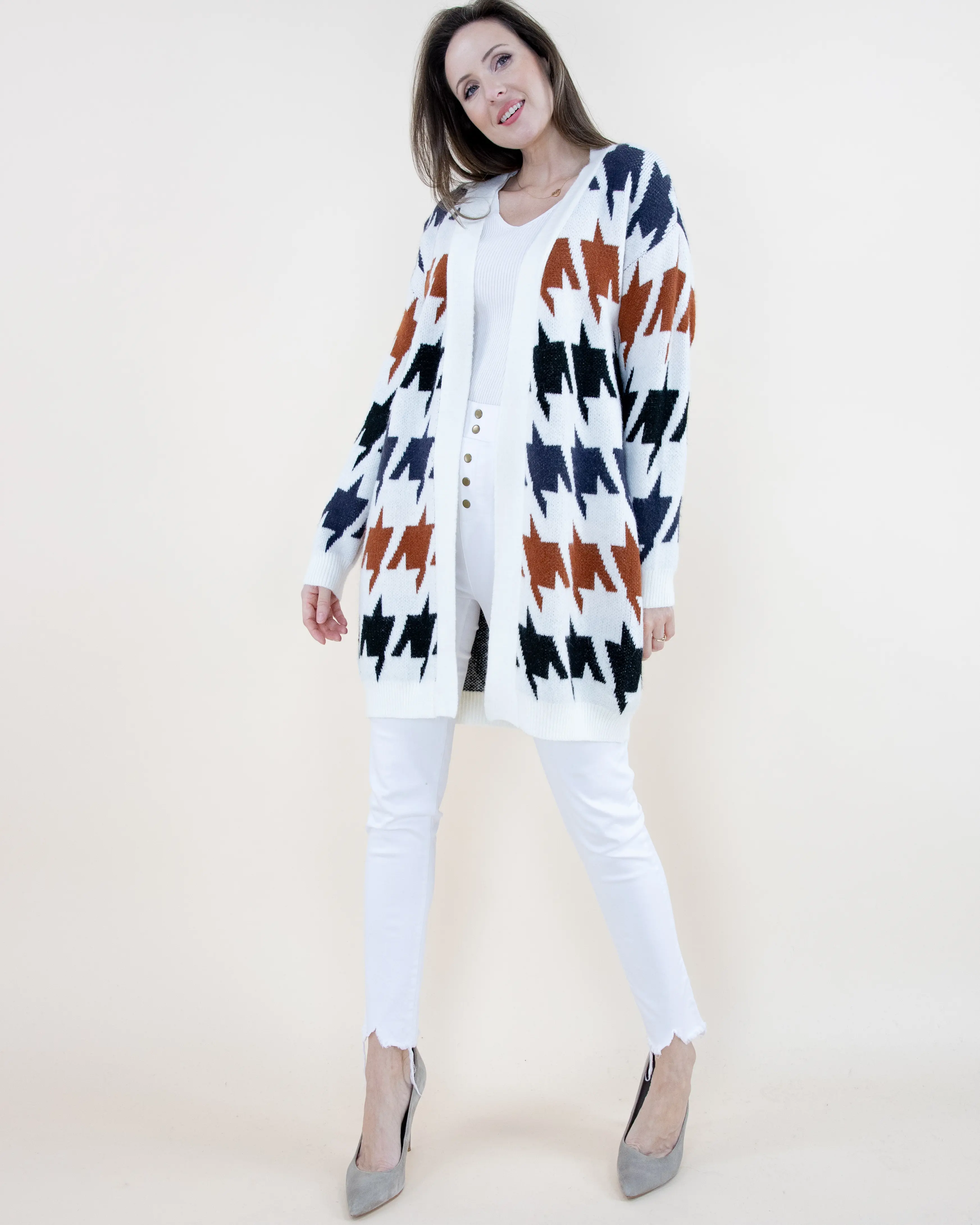 Women's Two Tone Houndstooth Open Front Cardigan – Trendy and Cozy Long Sleeve Sweater for Fall and Winter Layering Knitwear Tops