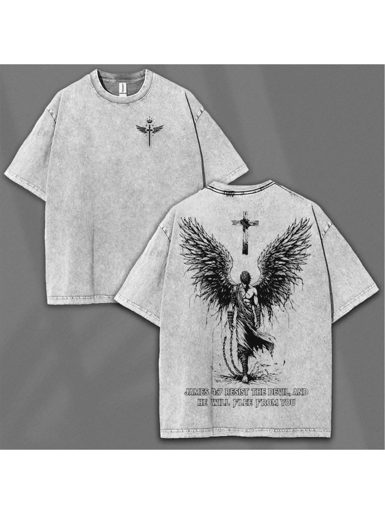 valentine shirts Men's washed and old street style brand urban style 100% pure cotton T-shirt, angel wings and cross printing, front and back printed retro heavy T-shirt, perfect gift, loose, comfortable and breathable