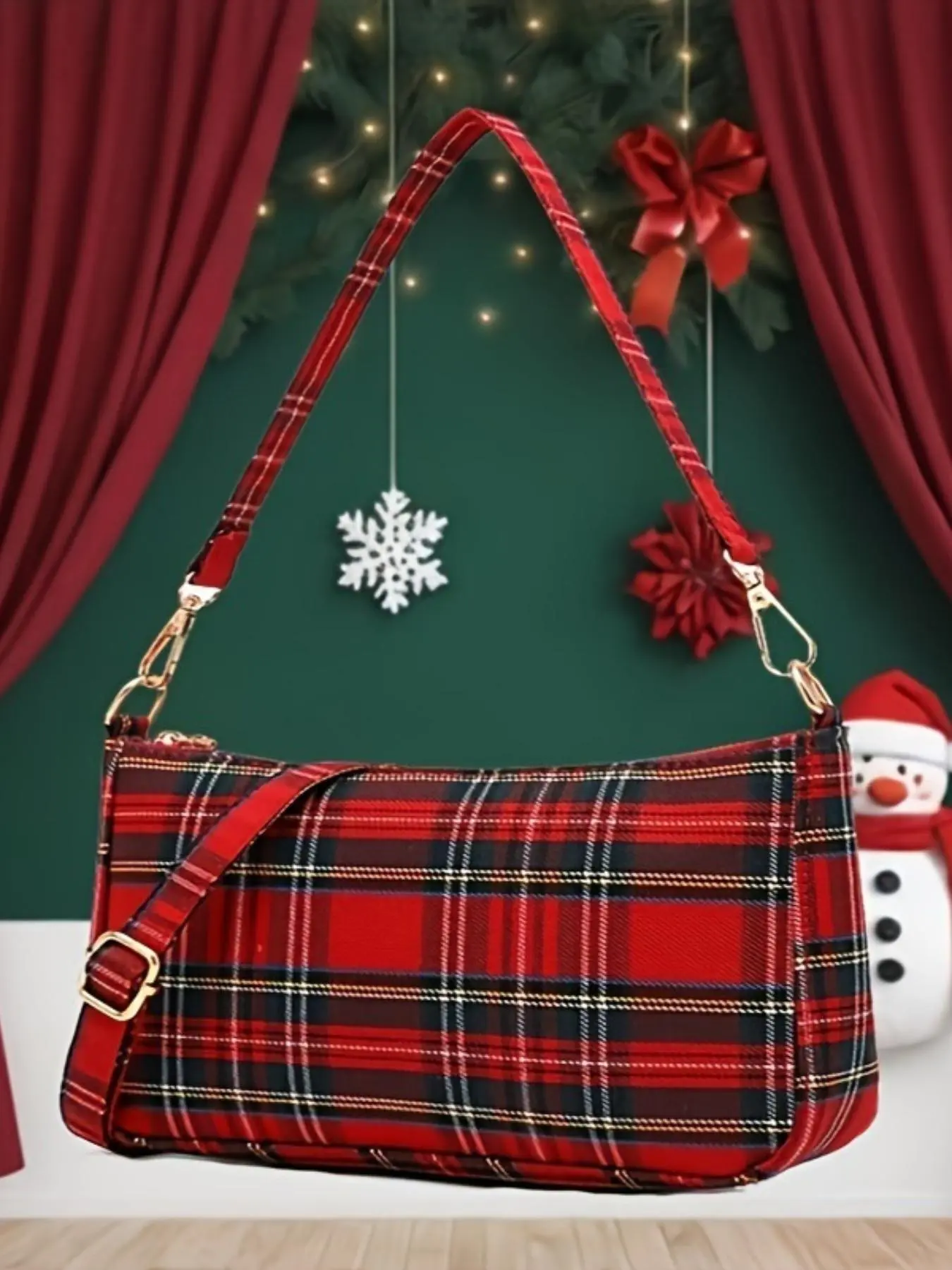 Christmas style red plaid baguette bag, retro plaid shoulder crossbody bag, niche design sense exquisite crossbody bag, casual and versatile, suitable for events and parties, Chic Crossbody Purse, Crossbody shoulder handbag