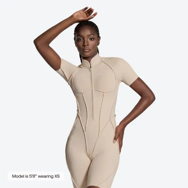 BetterMe Women's Oat Milk Sleek Shorts Catsuit - Short-Leg 1-Piece Bodysuit Unitard Romper, Breathable Casual Gym Wear & Athletic Sports Clothing for Pilates, Everyday Wear