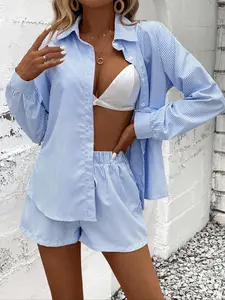 Minimalist Chic Gray Striped Coastal Vacay Shirt & Shorts Two-Piece Set Lazy Island Relaxed Gray Striped Resort Shirt + Shorts Co-ord Set Ins Cool Vibe Gray Striped Beach Getaway Two-Piece Set