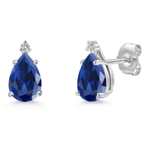 14K White Gold Blue Created Sapphire and Lab Grown Diamond Stud Earrings for Women | 2.26 Cttw | Gemstone September Birthstone | Pear Shape 8X5MM