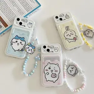 Cute Cartoon Japan Anime Chiikawa Card Wallet Pocket Phone Case For iPhone 16 15 14 13 12 11 Pro Max Cover With Lanyard