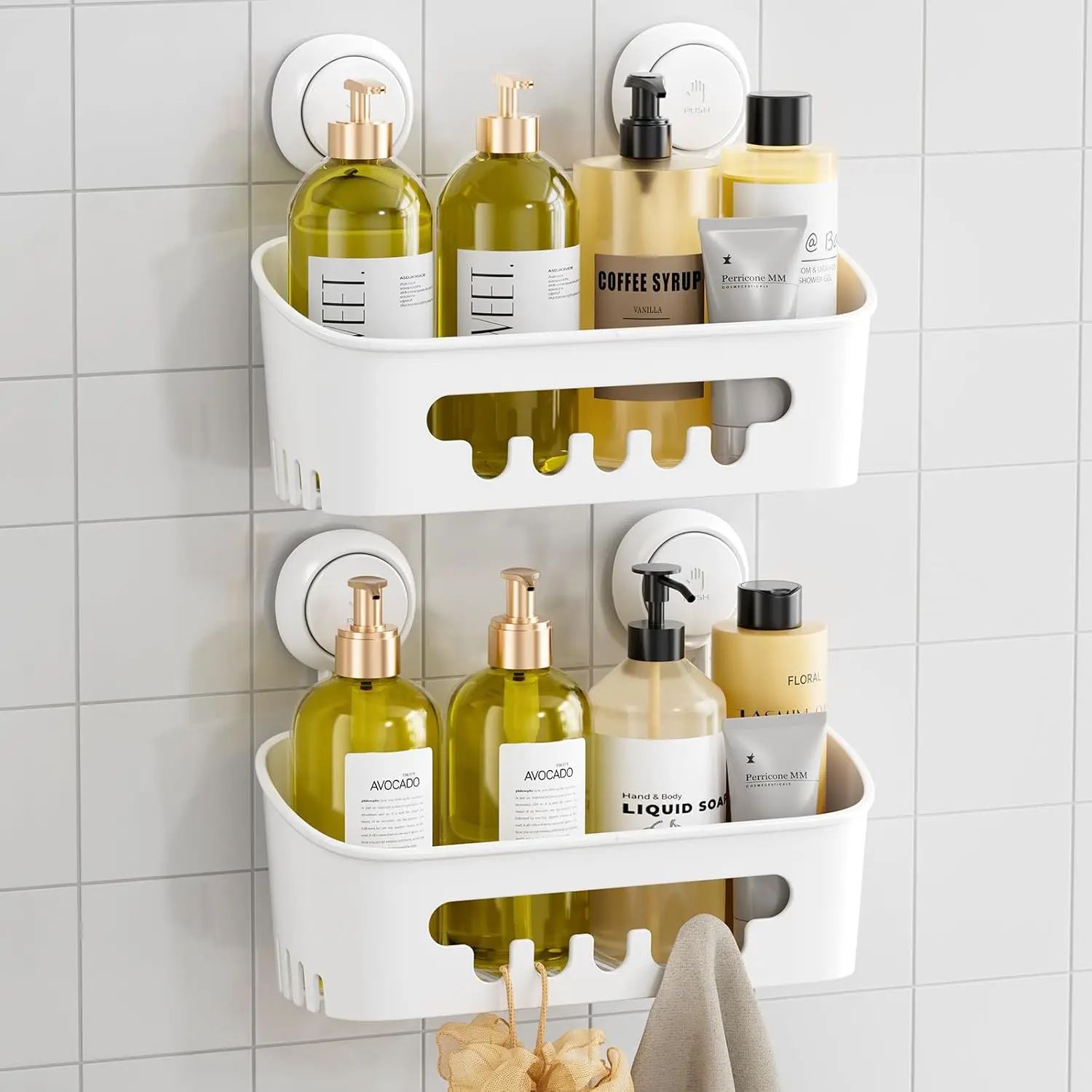 2-Pack Heavy-Duty Bathroom Suction Mount Organizer Shelves, 10.8" L x 3.7" W x 2.9" H Synthetic ABS Plastic, Removable Holder for Shower Shampoo & Bathroom Accessories, White
