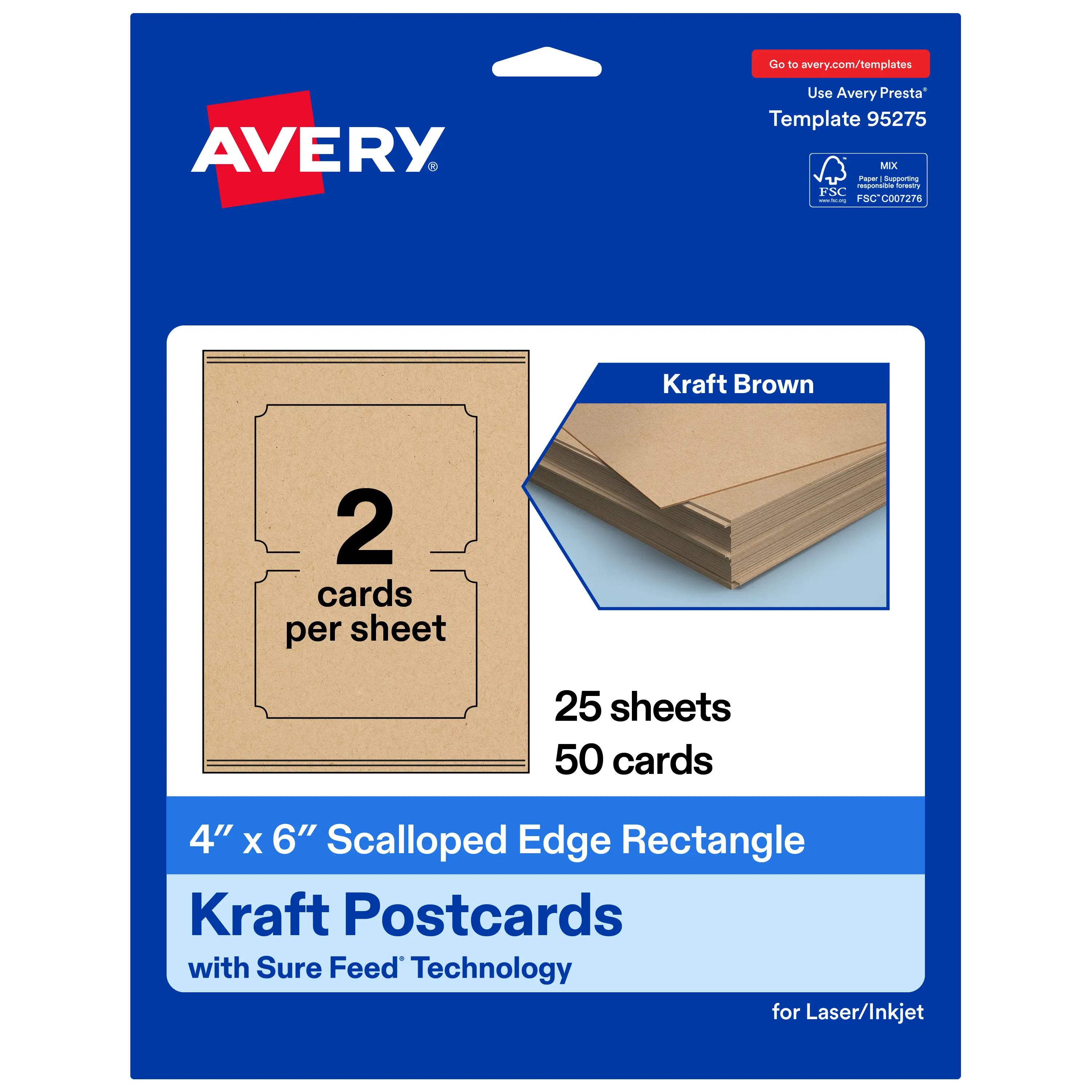Avery 4" x 6" Rectangle Scalloped, Kraft Brown Postcards