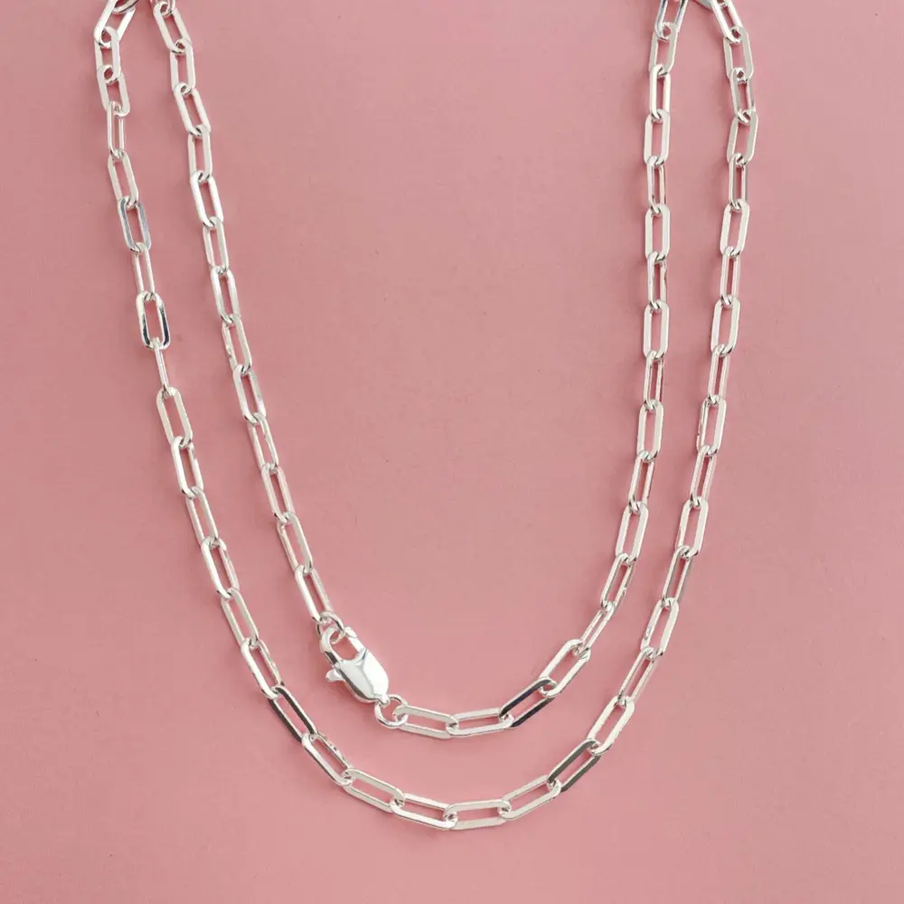 Skin-Safe 925 Silver Plated Elegant Paperclip Link Chain Necklace, Italian Unisex Costume Jewelry, Waterproof Hypoallergenic Nickel-Free, 20-24 In Secure Clasp for Daily Casual Wear