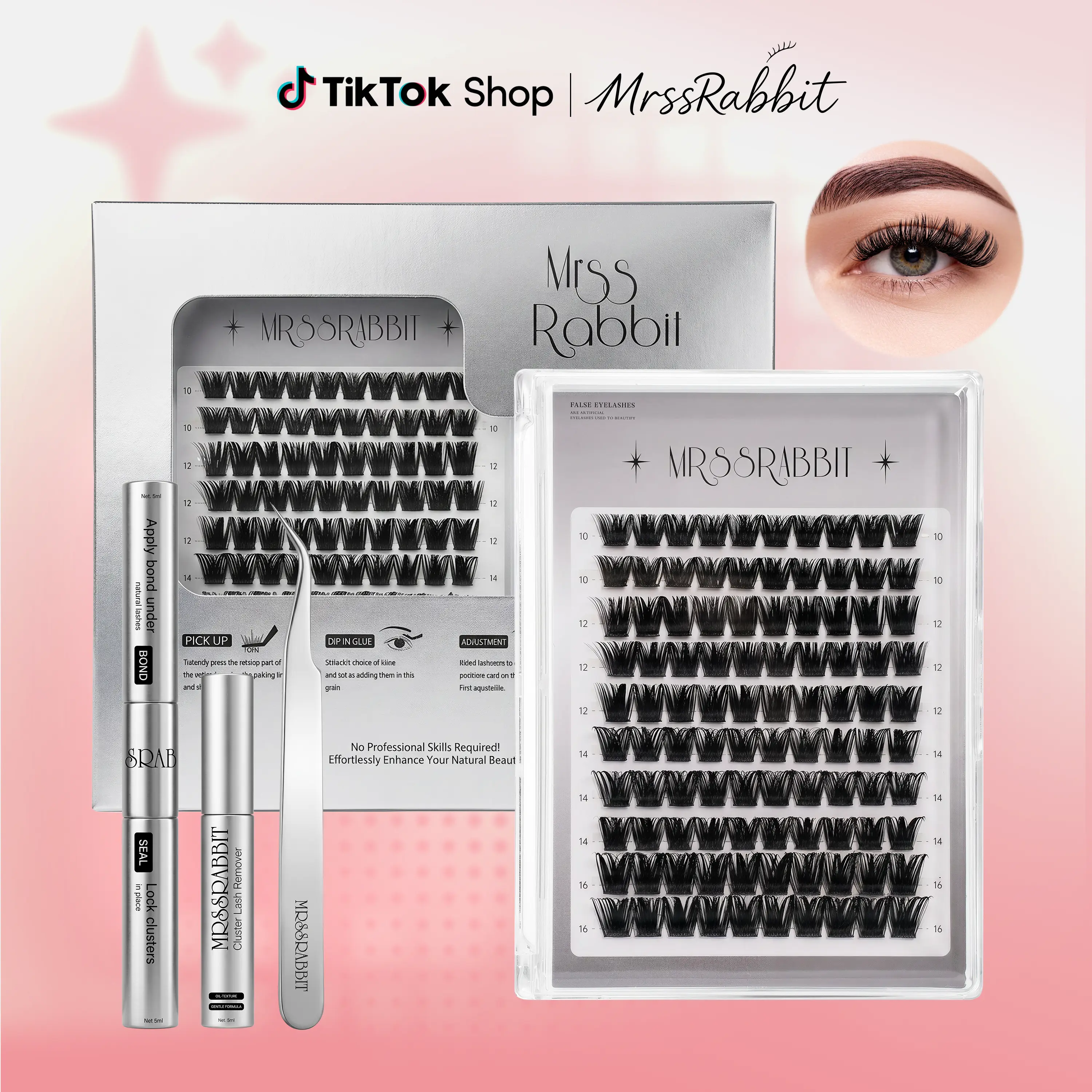 Mrssrabbit Volume Lash Extension Kit | Fluffy Thick Lash Clusters | Wispy DIY Individual Eyelashes Kit with Lash Bond and Seal, Lash Applicator | Ultra-Thin Band Makeup for Girls