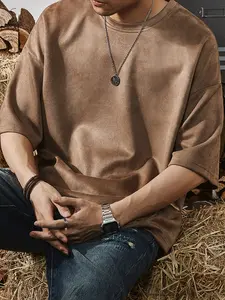1Pcs Men's Solid Color Suede T-shirt, Loose Oversized Crew Neck, Soft Breathable Fabric, Casual Streetwear for Daily/Travel