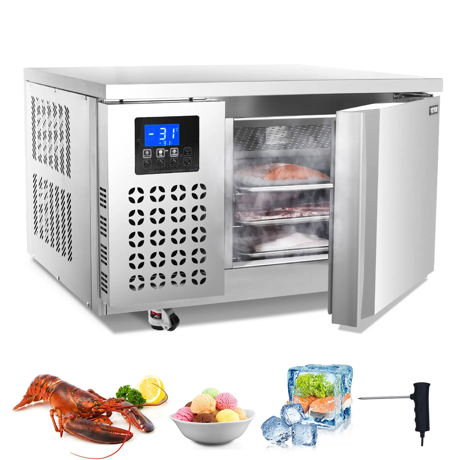 【Summerfinds】VEVOR Commercial Blast Freezer, 80 L / 2.8 Cu.ft Blast Chiller with 3 Trays, Blast Chiller Freezer Chest with 4 Freezing Modes, Stainless Steel Food Blast Freezer with Casters for Restaurant, Seafood