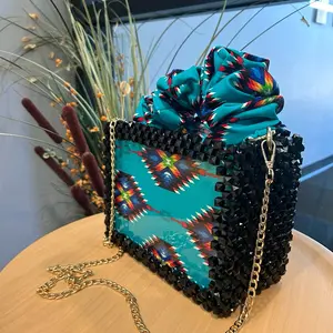 Kaima Handmade Beaded Kente Bag for Women and Girls - Elegant Black Finish with Acrylic Bottom and Chain Carryon Handle