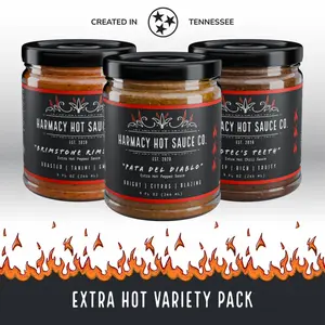 Extra Hot Gourmet Sauce Variety Pack by Harmacy Hot Sauce - 3 9oz Jars, Vegan, Gluten Free, Nut Free, Soy Free, Flavor, Dip, Garlic, Chicken, Flavor