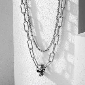 Hermah Mens Skull Charm Necklace Silver Color Stainless Steel Double Layer Box Cable Choker 18inch Toggle Clasp Punk Hiphop Jewelry Halloween Gifts