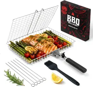 Grill Basket Set, Barbecue BBQ Grilling, Stainless Steel Folding Portable Outdoor Camping Rack for Fish, Shrimp, Vegetables, Cooking Accessories, Gifts for Dad, husband, Friends