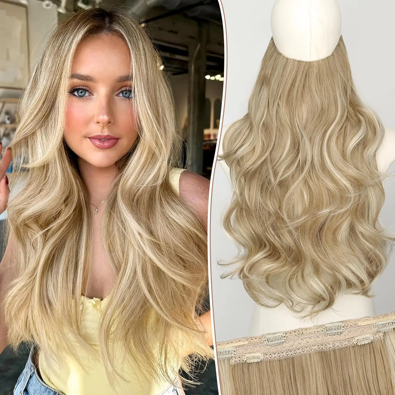 [ KooKaStyle ]Invisible Wire Hair Extensions Long Straight Layered Synthetic with Transparent Headband Adjustable Size 6 Secure Clips Hairpieces for Women(20 Inch, H1860A#Beige Blonde)